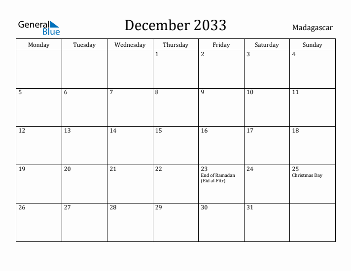 December 2033 Calendar Madagascar