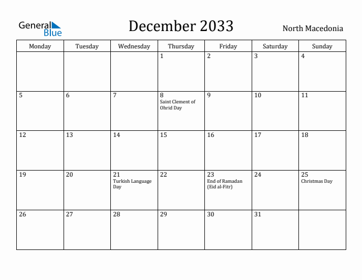 December 2033 Calendar North Macedonia