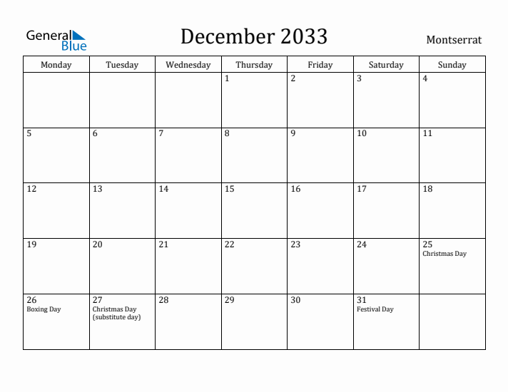 December 2033 Calendar Montserrat