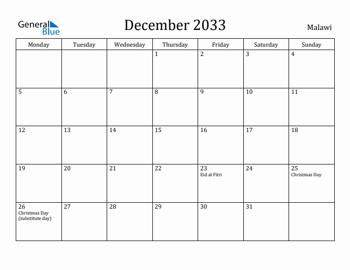 December 2033 Calendar Malawi