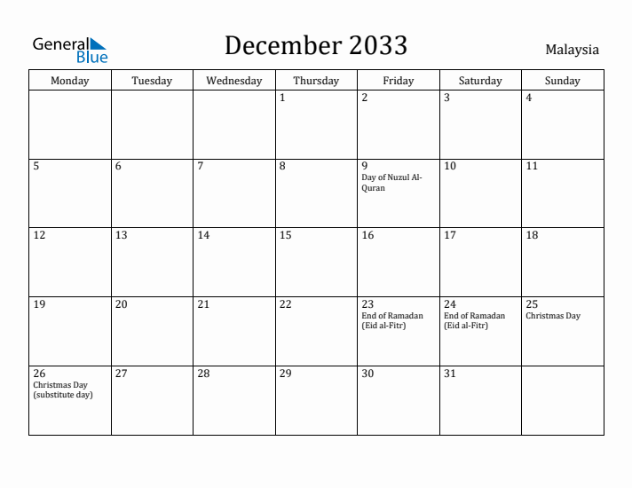 December 2033 Calendar Malaysia