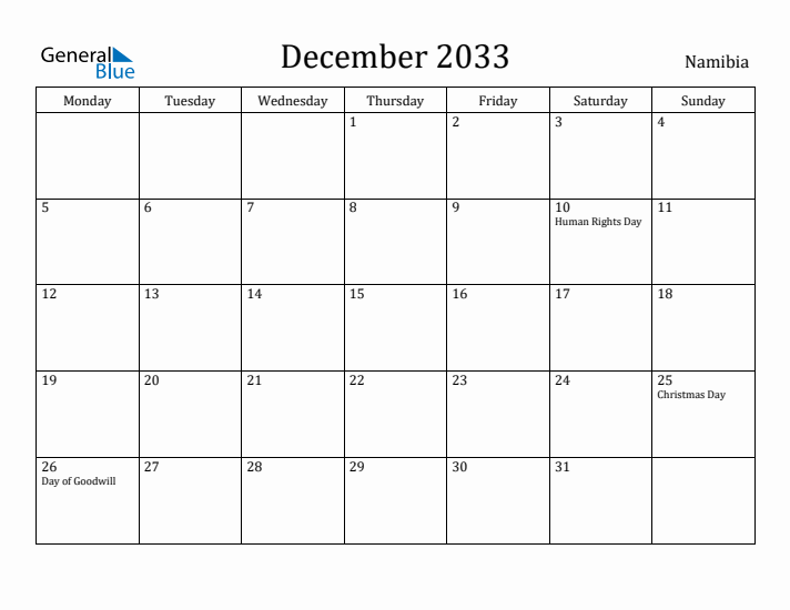 December 2033 Calendar Namibia