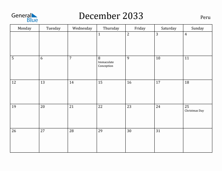 December 2033 Calendar Peru