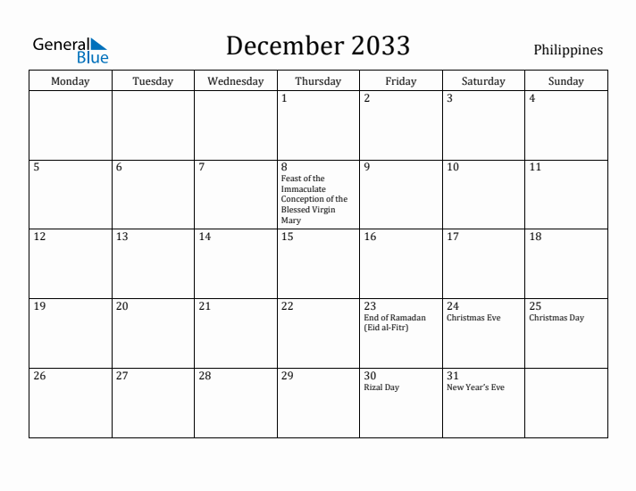 December 2033 Calendar Philippines
