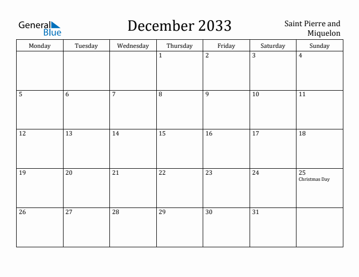 December 2033 Calendar Saint Pierre and Miquelon