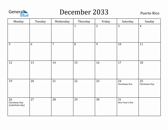 December 2033 Calendar Puerto Rico