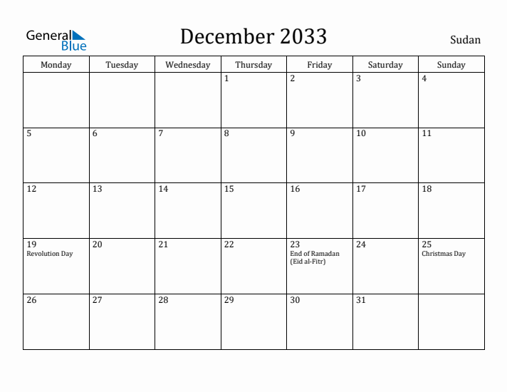December 2033 Calendar Sudan