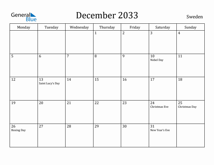 December 2033 Calendar Sweden