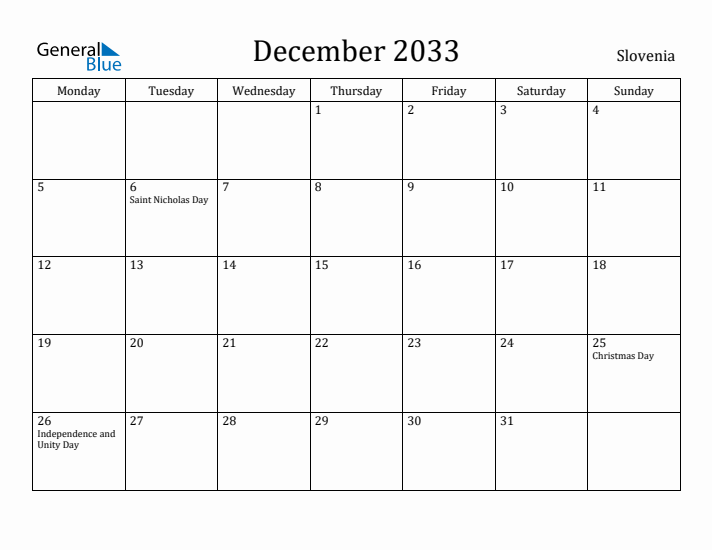 December 2033 Calendar Slovenia
