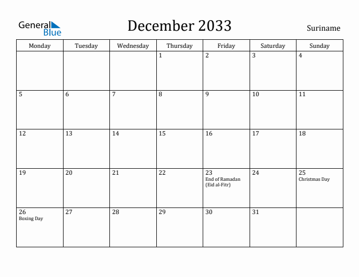 December 2033 Calendar Suriname