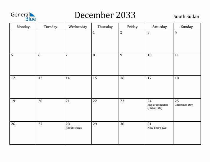 December 2033 Calendar South Sudan