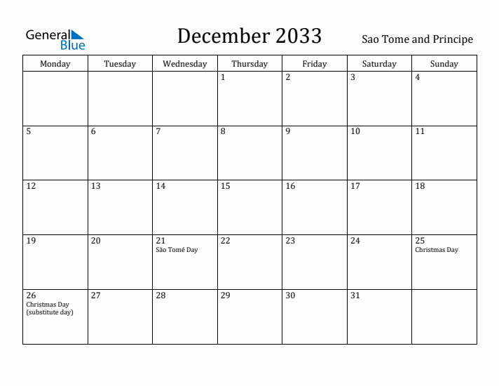 December 2033 Calendar Sao Tome and Principe