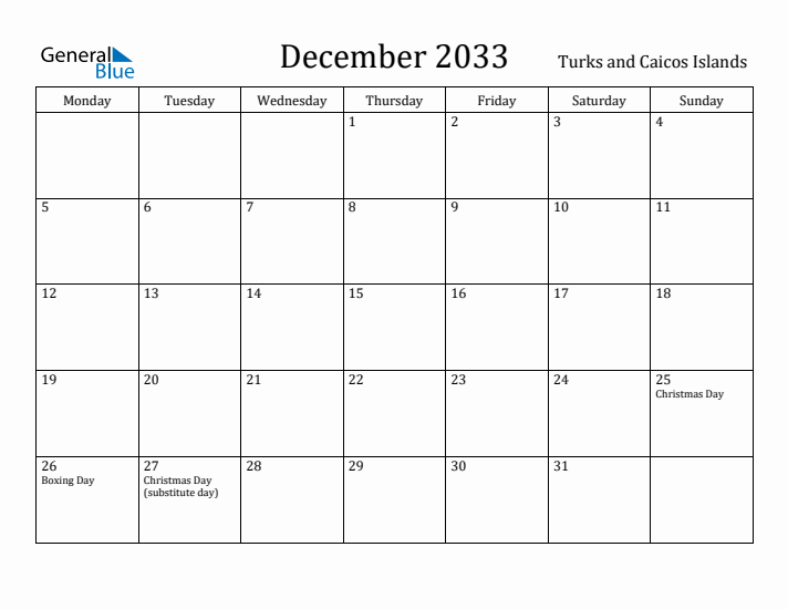 December 2033 Calendar Turks and Caicos Islands