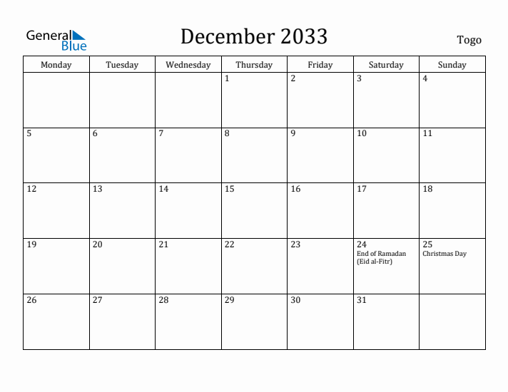 December 2033 Calendar Togo