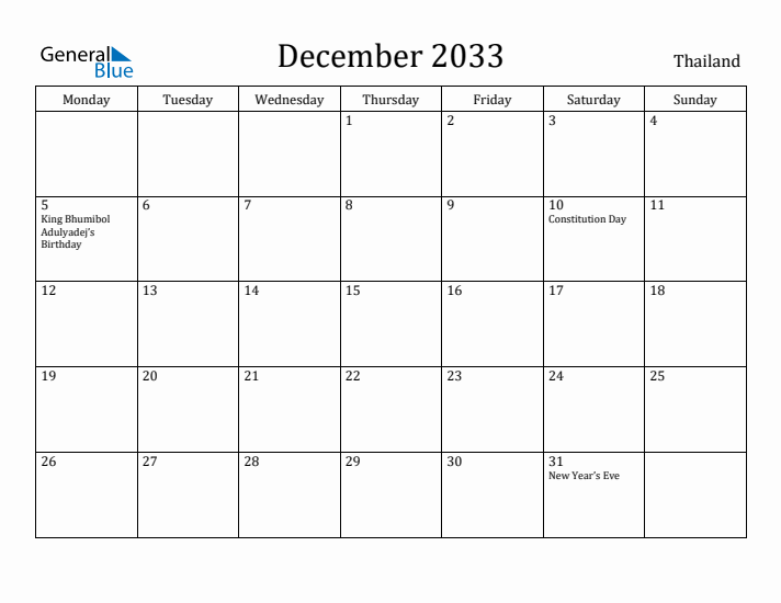 December 2033 Calendar Thailand
