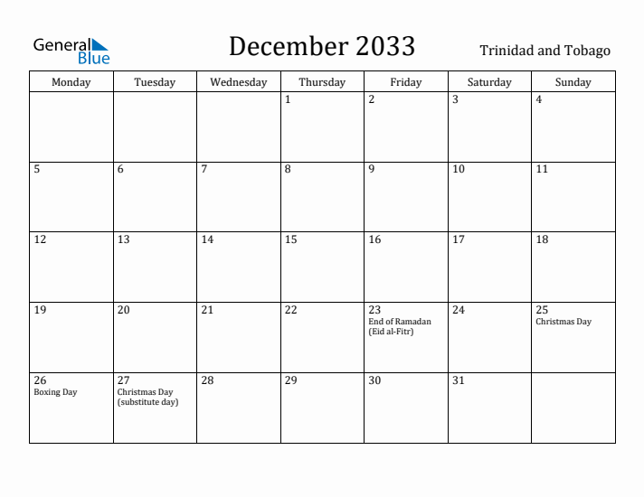 December 2033 Calendar Trinidad and Tobago