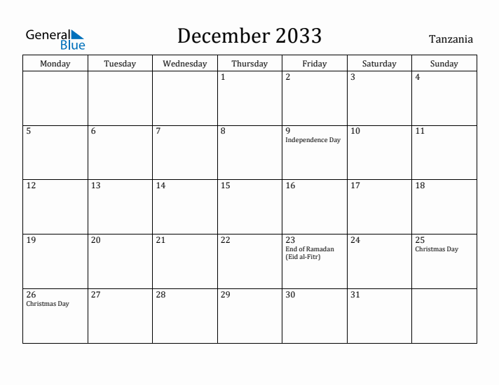 December 2033 Calendar Tanzania