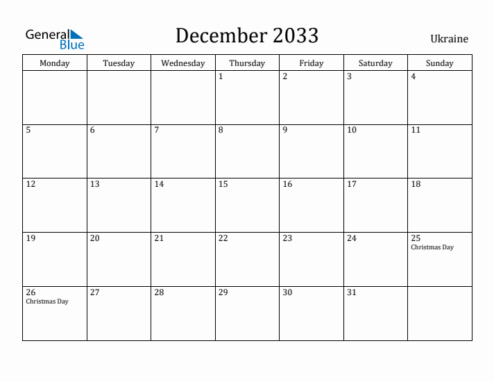 December 2033 Calendar Ukraine
