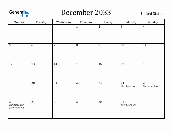 December 2033 Calendar United States