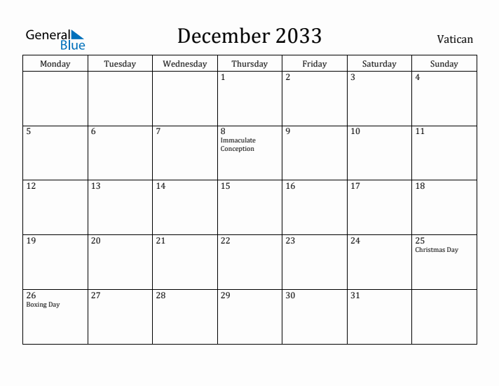 December 2033 Calendar Vatican
