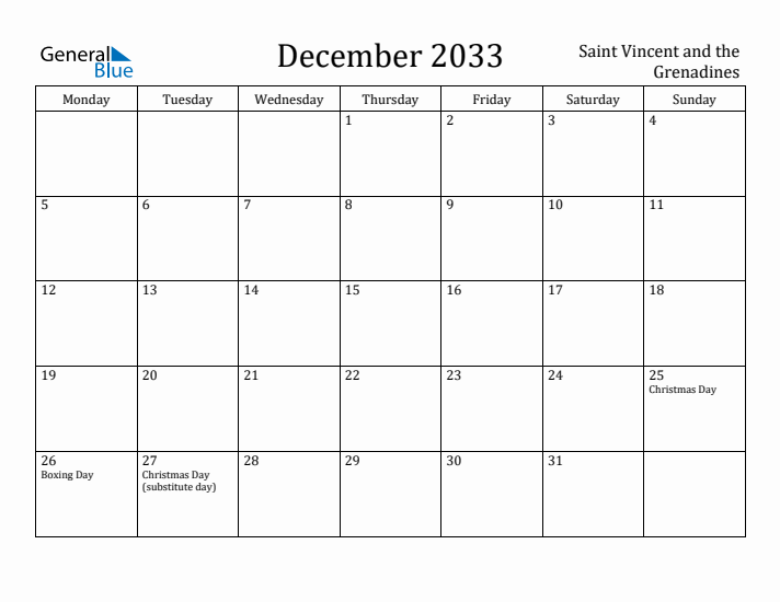 December 2033 Calendar Saint Vincent and the Grenadines