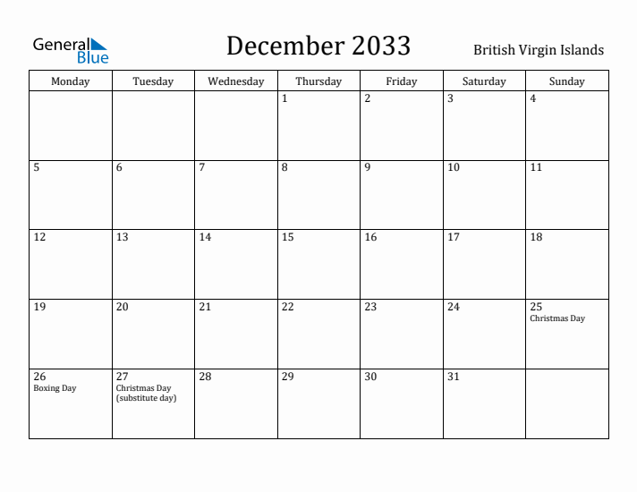 December 2033 Calendar British Virgin Islands