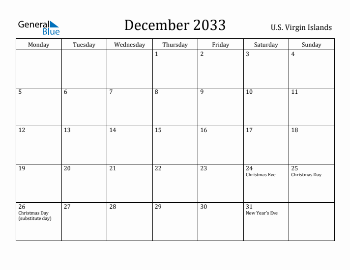 December 2033 Calendar U.S. Virgin Islands