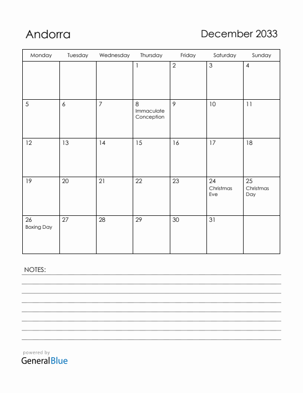December 2033 Andorra Calendar with Holidays (Monday Start)