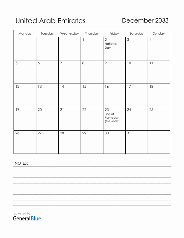 December 2033 United Arab Emirates Calendar with Holidays (Monday Start)