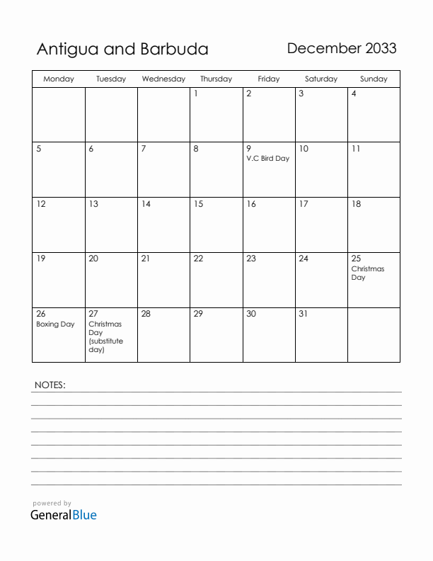 December 2033 Antigua and Barbuda Calendar with Holidays (Monday Start)