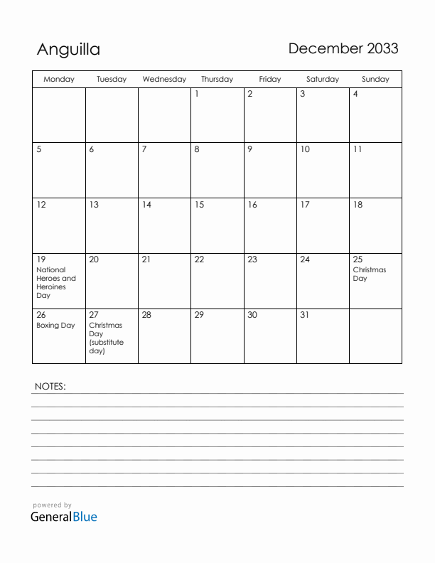 December 2033 Anguilla Calendar with Holidays (Monday Start)