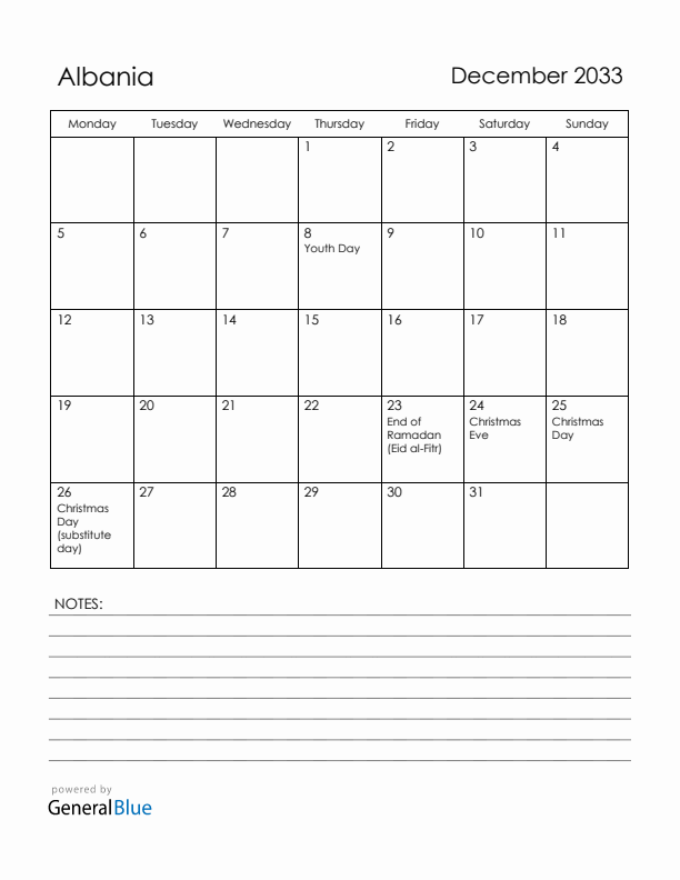 December 2033 Albania Calendar with Holidays (Monday Start)