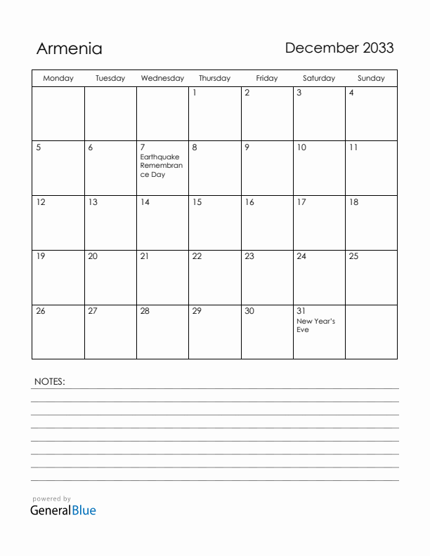December 2033 Armenia Calendar with Holidays (Monday Start)