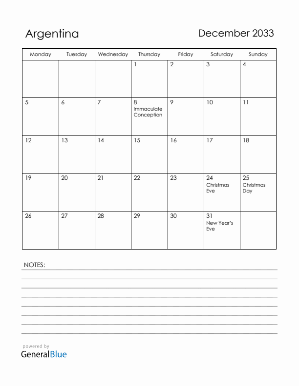 December 2033 Argentina Calendar with Holidays (Monday Start)