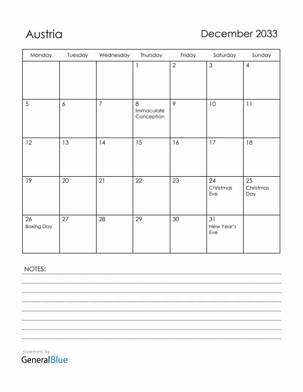 December 2033 Austria Calendar with Holidays (Monday Start)