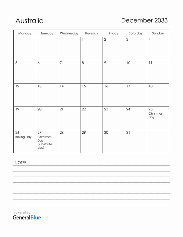 December 2033 Australia Calendar with Holidays (Monday Start)