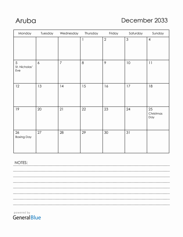 December 2033 Aruba Calendar with Holidays (Monday Start)