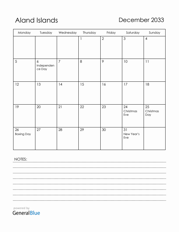 December 2033 Aland Islands Calendar with Holidays (Monday Start)