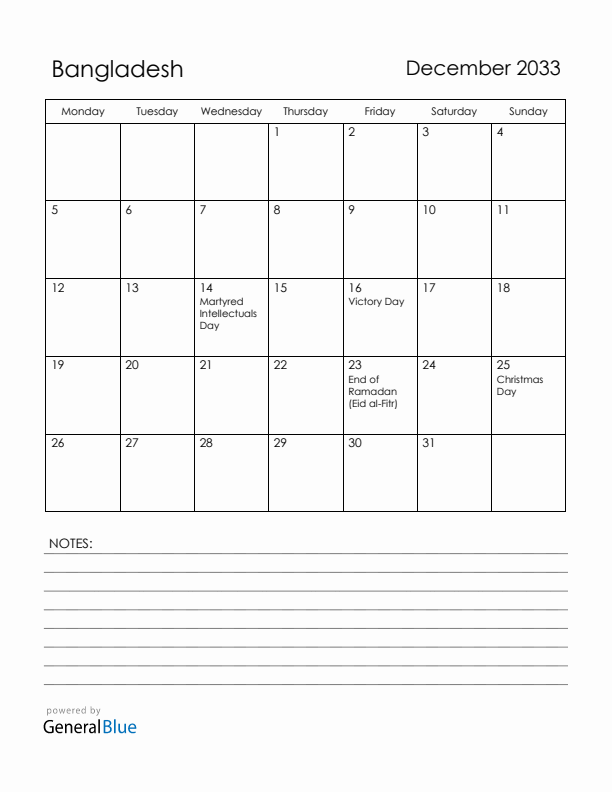 December 2033 Bangladesh Calendar with Holidays (Monday Start)