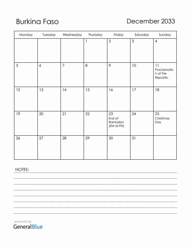 December 2033 Burkina Faso Calendar with Holidays (Monday Start)