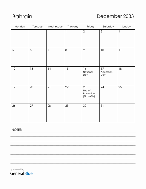 December 2033 Bahrain Calendar with Holidays (Monday Start)