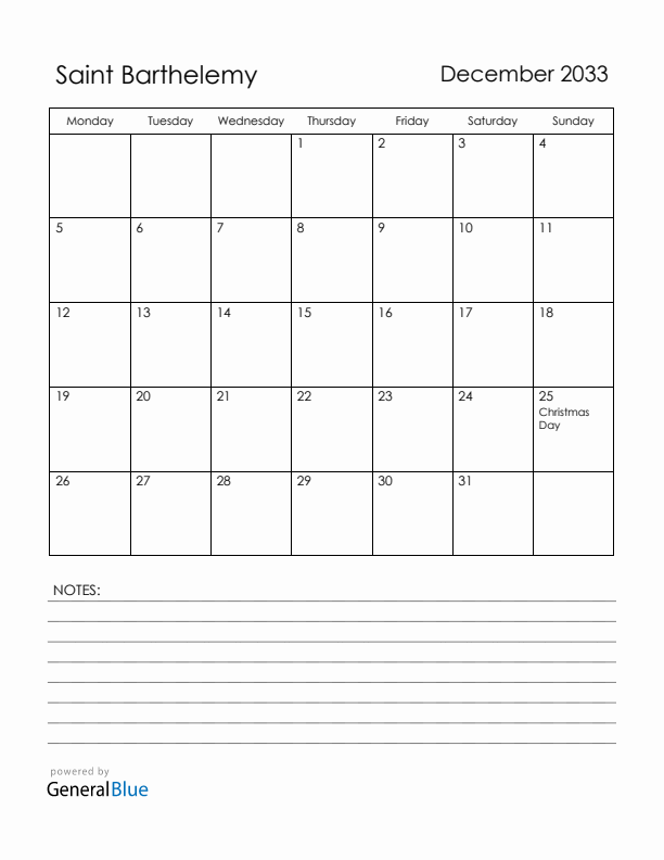 December 2033 Saint Barthelemy Calendar with Holidays (Monday Start)