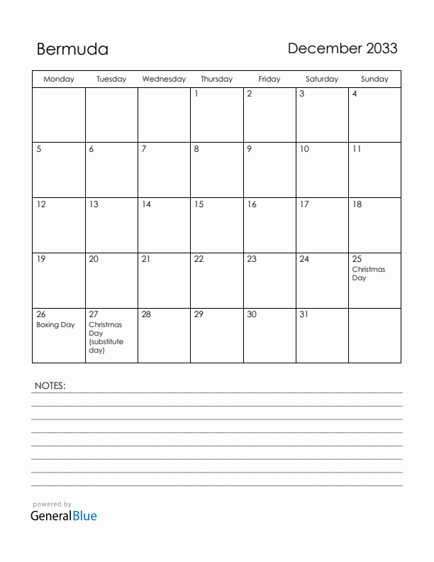 December 2033 Bermuda Calendar with Holidays (Monday Start)