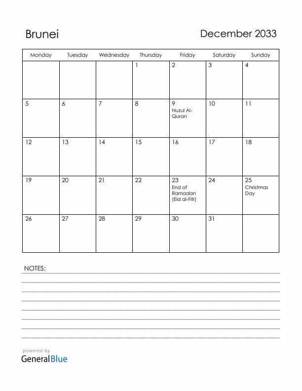 December 2033 Brunei Calendar with Holidays (Monday Start)