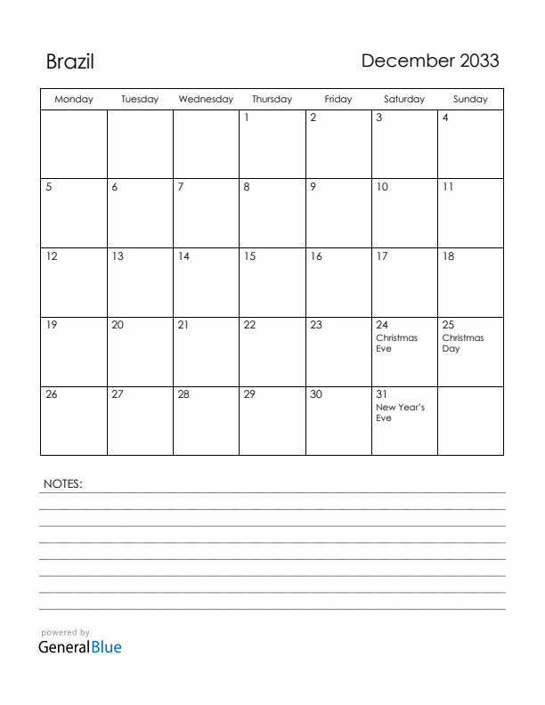 December 2033 Brazil Calendar with Holidays (Monday Start)