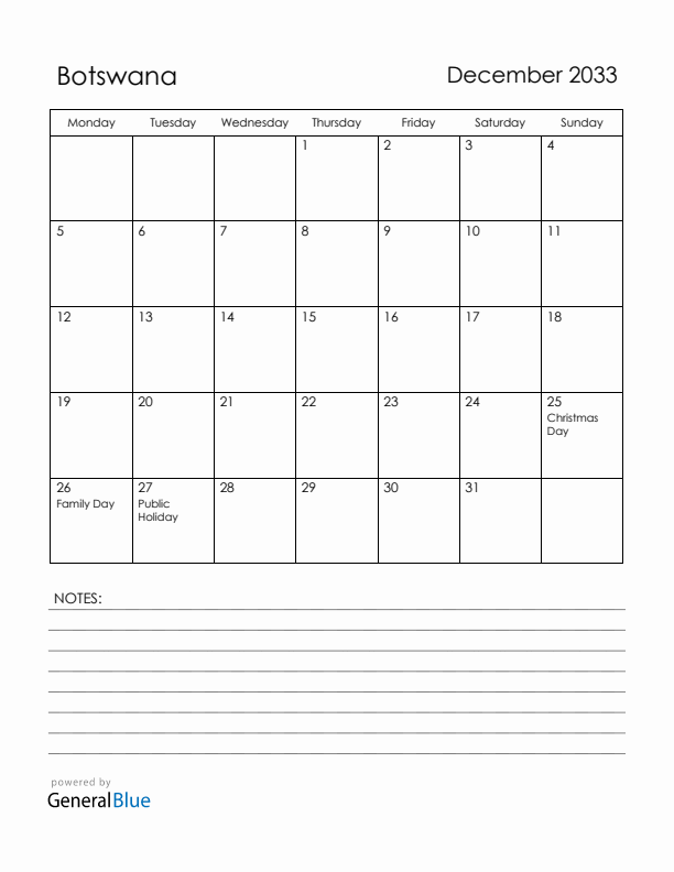 December 2033 Botswana Calendar with Holidays (Monday Start)