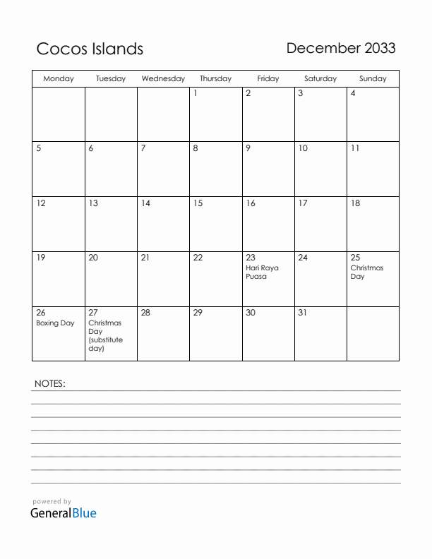 December 2033 Cocos Islands Calendar with Holidays (Monday Start)
