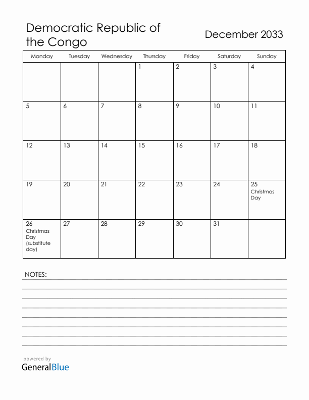 December 2033 Democratic Republic of the Congo Calendar with Holidays (Monday Start)