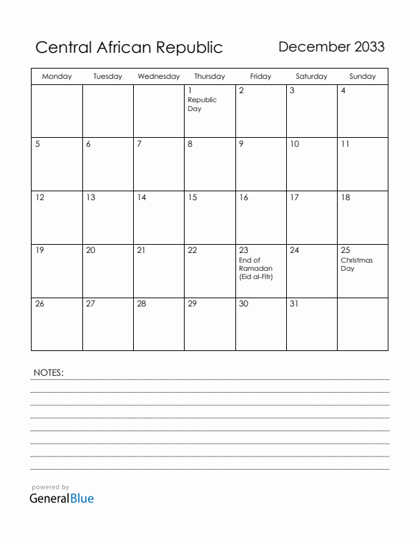 December 2033 Central African Republic Calendar with Holidays (Monday Start)
