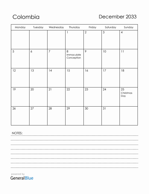 December 2033 Colombia Calendar with Holidays (Monday Start)